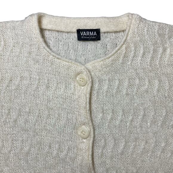 Varma Icelandic Wool Button Up Knit Cardigan Fuzzy Sweater Cream Gray Size Small - Picture 2 of 10
